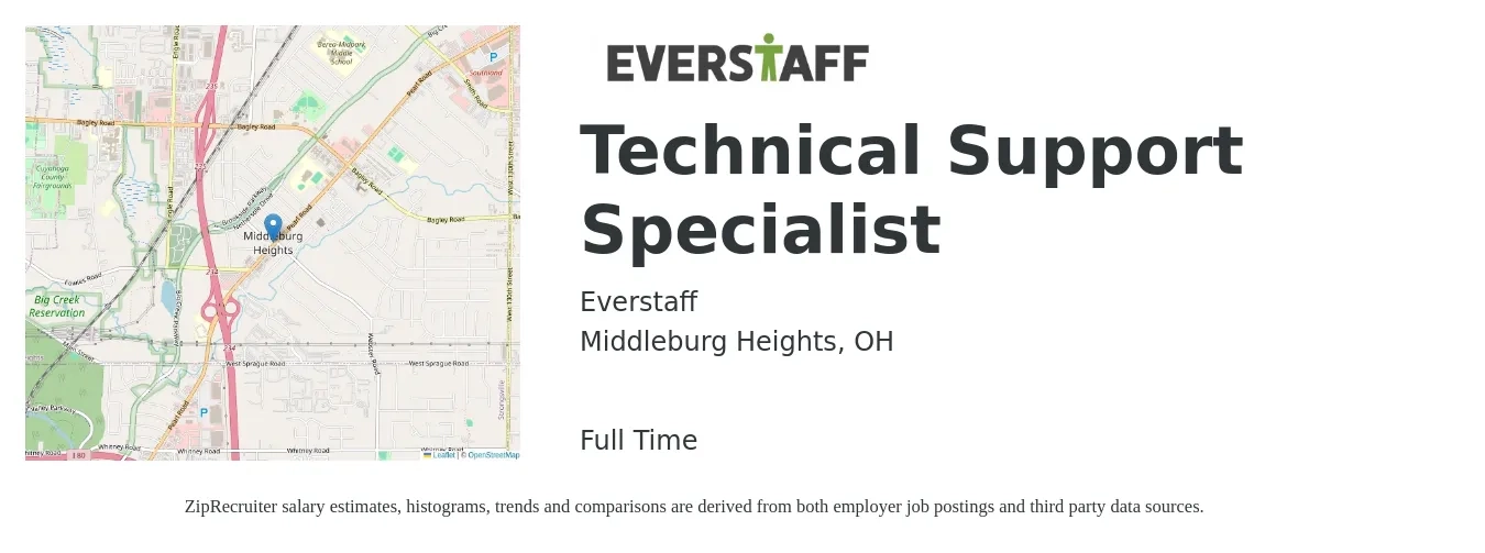 Everstaff job posting for a Technical Support Specialist in Middleburg Heights, OH with a salary of $20 to $30 Hourly with a map of Middleburg Heights location.