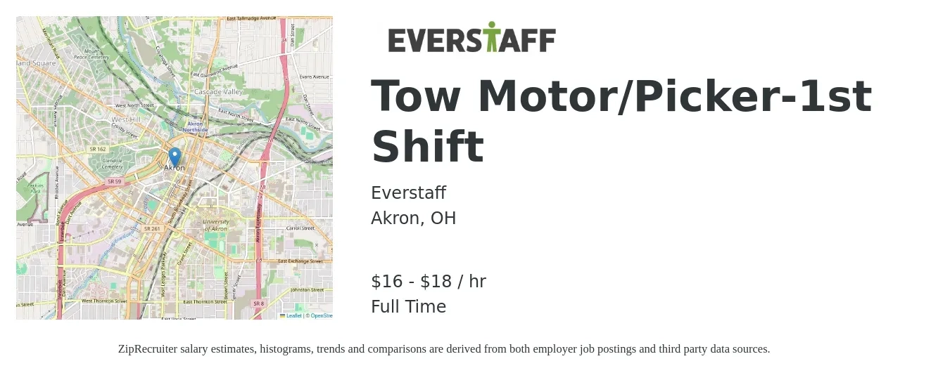 Everstaff job posting for a Tow Motor/Picker-1st Shift in Akron, OH with a salary of $17 to $19 Hourly with a map of Akron location.