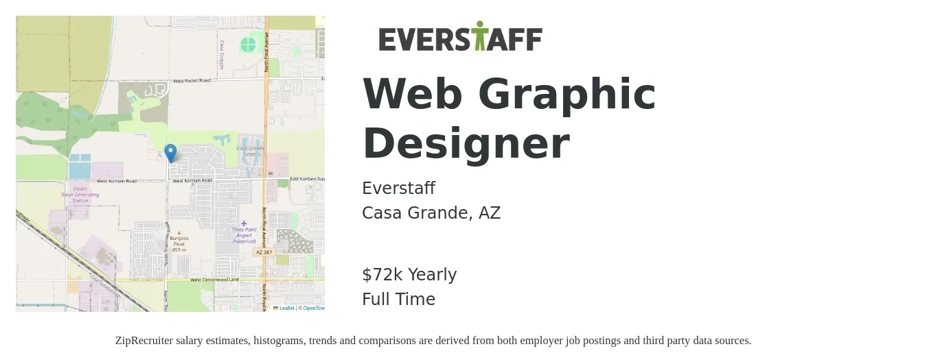 Everstaff job posting for a Web Graphic Designer in Casa Grande, AZ with a salary of $72,000 Yearly with a map of Casa Grande location.