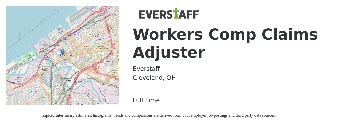 Everstaff job posting for a Workers Comp Claims Adjuster in Cleveland, OH with a salary of $64,000 to $82,900 Yearly with a map of Cleveland location.