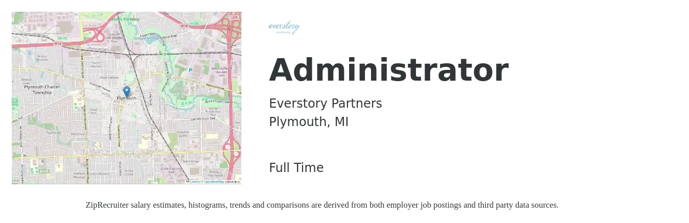 Everstory Partners job posting for a Administrator in Plymouth, MI with a salary of $17 to $24 Hourly with a map of Plymouth location.
