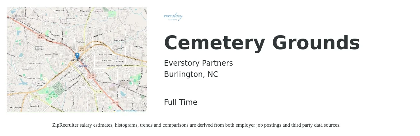 Everstory Partners job posting for a Cemetery Grounds in Burlington, NC with a salary of $13 to $16 Hourly with a map of Burlington location.