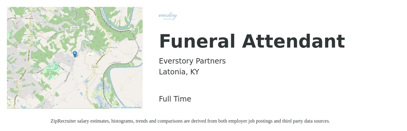 Everstory Partners job posting for a Funeral Attendant in Latonia, KY with a salary of $15 to $17 Hourly with a map of Latonia location.