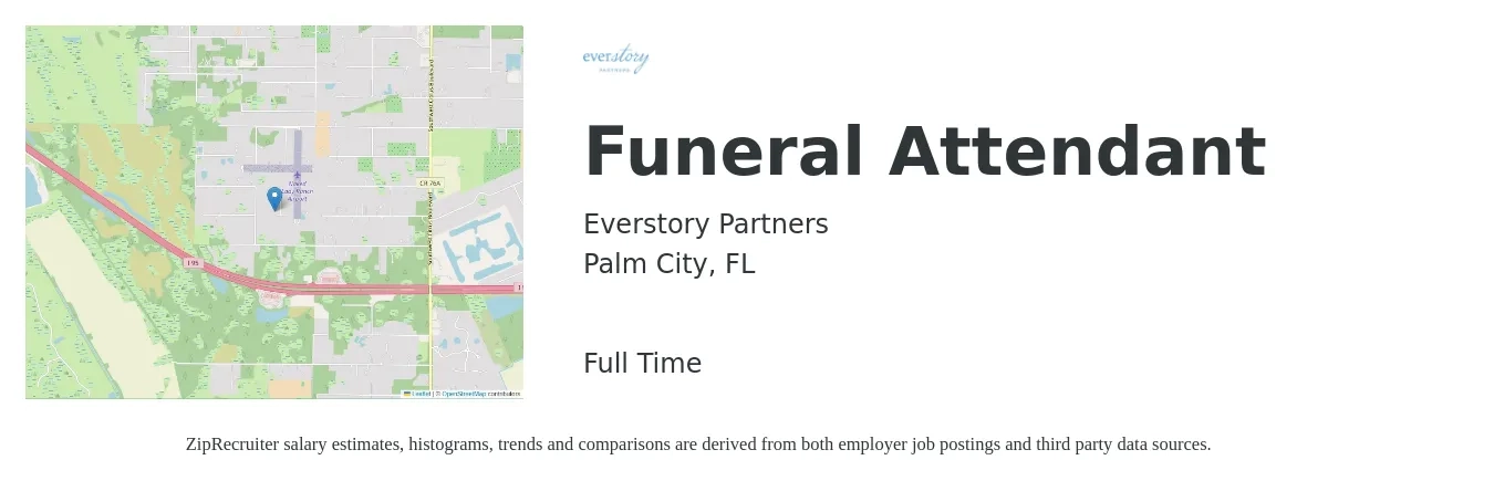 Everstory Partners job posting for a Funeral Attendant in Palm City, FL with a salary of $15 to $16 Hourly with a map of Palm City location.