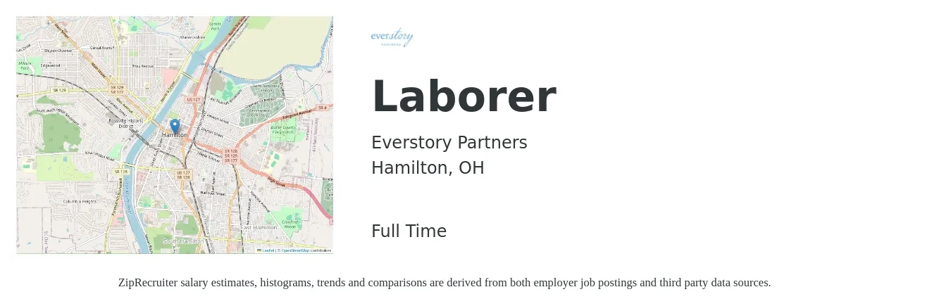 Everstory Partners job posting for a Laborer in Hamilton, OH with a salary of $16 to $20 Hourly with a map of Hamilton location.