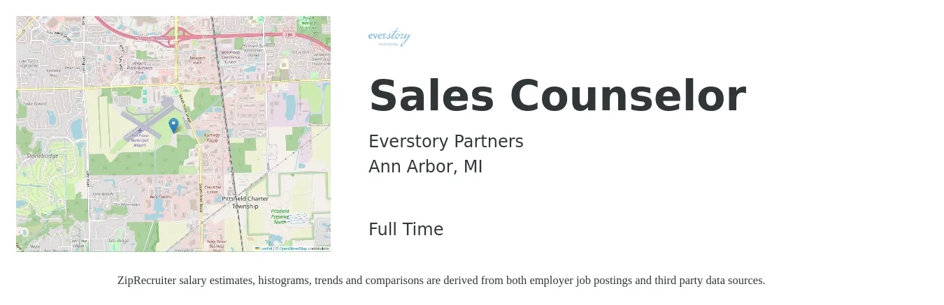 Everstory Partners job posting for a Sales Counselor in Ann Arbor, MI with a salary of $38,600 to $63,600 Yearly with a map of Ann Arbor location.