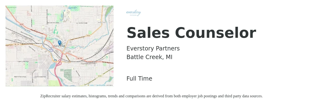 Everstory Partners job posting for a Sales Counselor in Battle Creek, MI with a salary of $35,500 to $58,500 Yearly with a map of Battle Creek location.