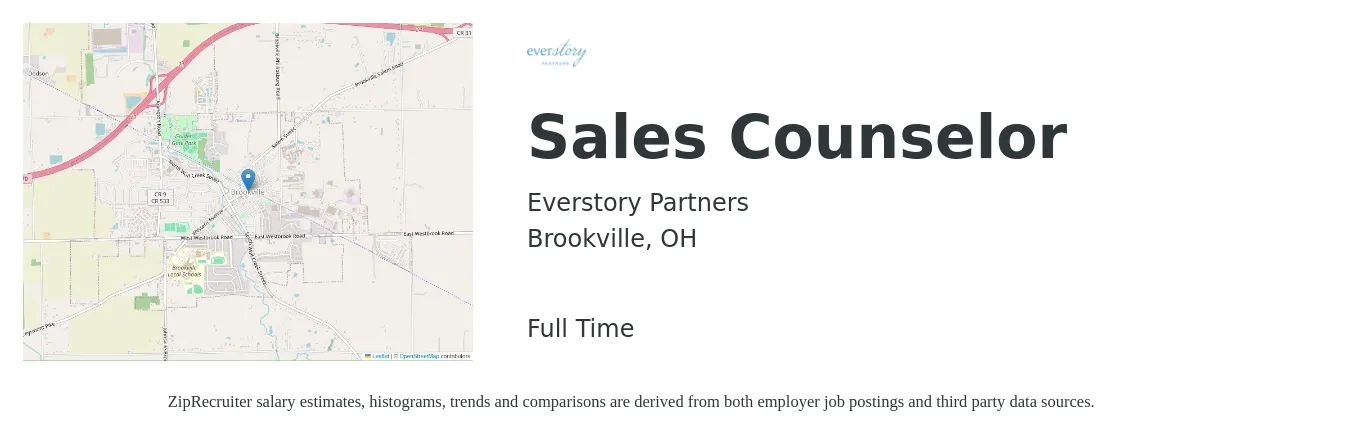 Everstory Partners job posting for a Sales Counselor in Brookville, OH with a salary of $35,900 to $59,200 Yearly with a map of Brookville location.