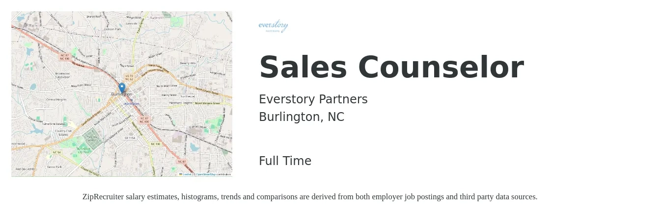 Everstory Partners job posting for a Sales Counselor in Burlington, NC with a salary of $33,000 to $54,300 Yearly with a map of Burlington location.