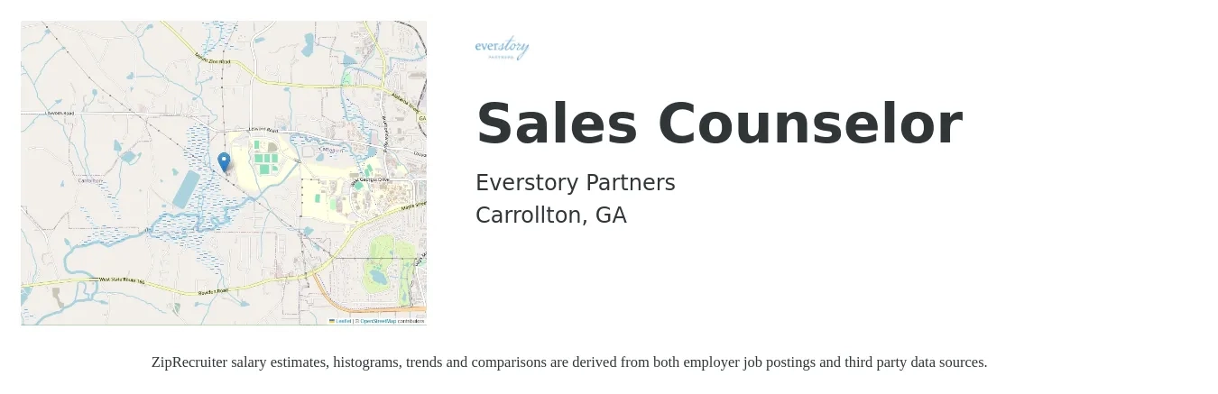 Everstory Partners job posting for a Sales Counselor in Carrollton, GA with a salary of $36,400 to $59,800 Yearly with a map of Carrollton location.