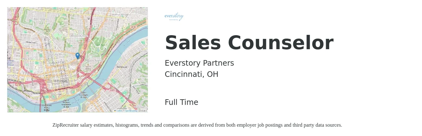 Everstory Partners job posting for a Sales Counselor in Cincinnati, OH with a salary of $37,900 to $62,400 Yearly with a map of Cincinnati location.