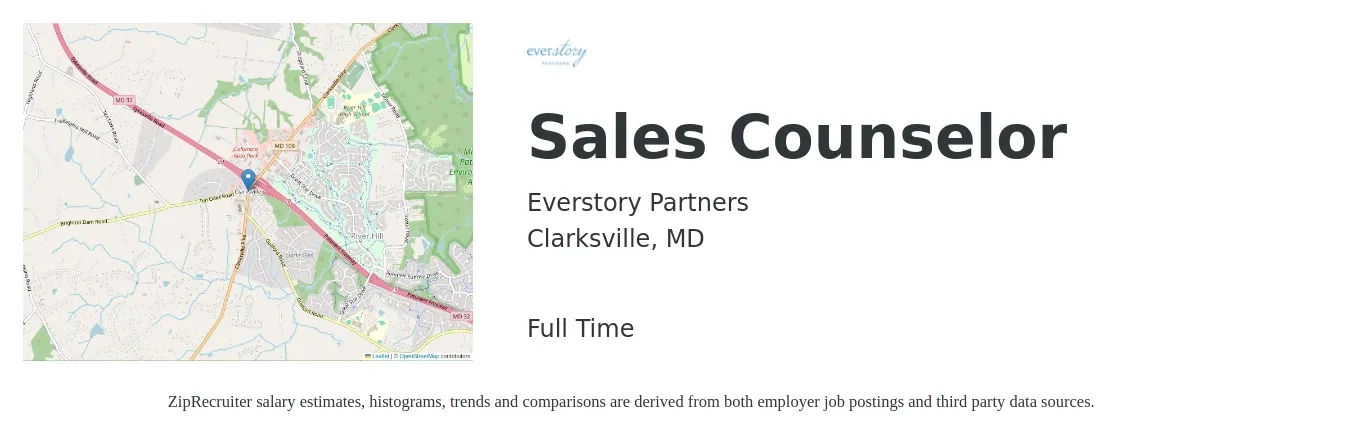 Everstory Partners job posting for a Sales Counselor in Clarksville, MD with a salary of $39,100 to $64,300 Yearly with a map of Clarksville location.