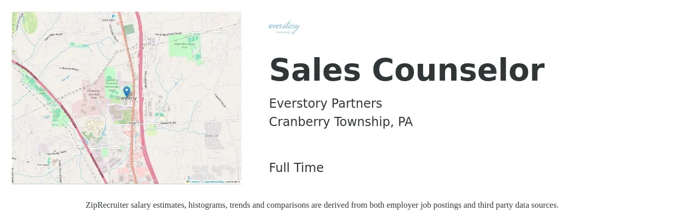 Everstory Partners job posting for a Sales Counselor in Cranberry Township, PA with a salary of $38,300 to $63,000 Yearly with a map of Cranberry Township location.