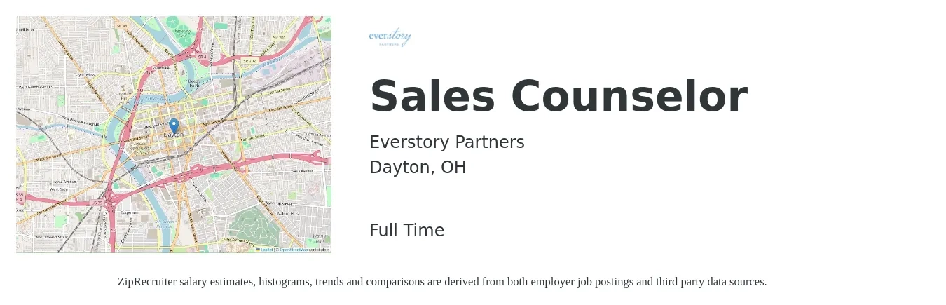 Everstory Partners job posting for a Sales Counselor in Dayton, OH with a salary of $38,400 to $63,100 Yearly with a map of Dayton location.