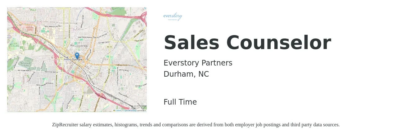 Everstory Partners job posting for a Sales Counselor in Durham, NC with a salary of $35,800 to $58,900 Yearly with a map of Durham location.