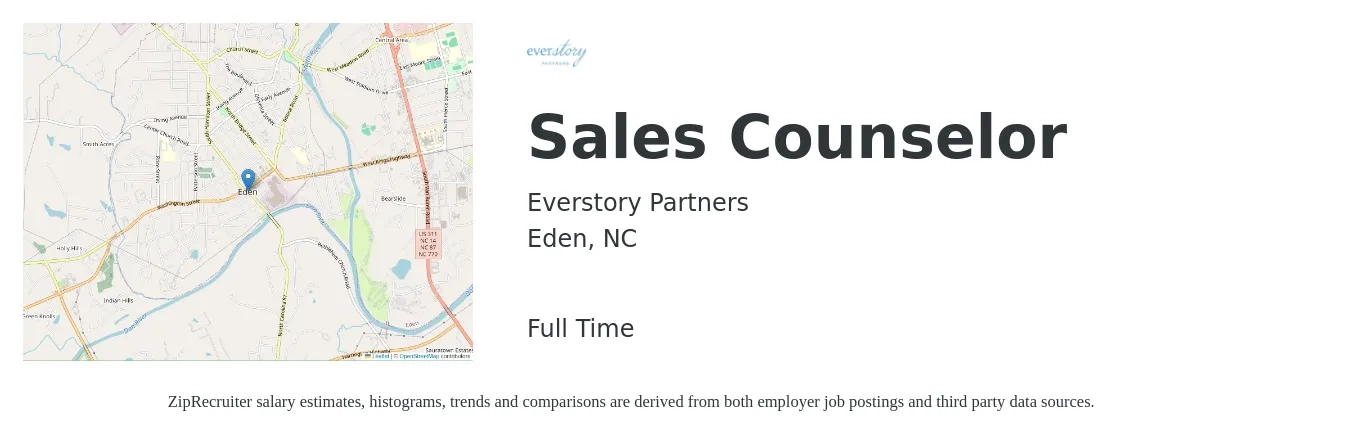 Everstory Partners job posting for a Sales Counselor in Eden, NC with a salary of $33,400 to $54,900 Yearly with a map of Eden location.