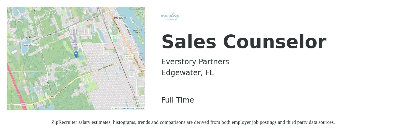 Everstory Partners job posting for a Sales Counselor in Edgewater, FL with a salary of $37,000 to $60,900 Yearly with a map of Edgewater location.