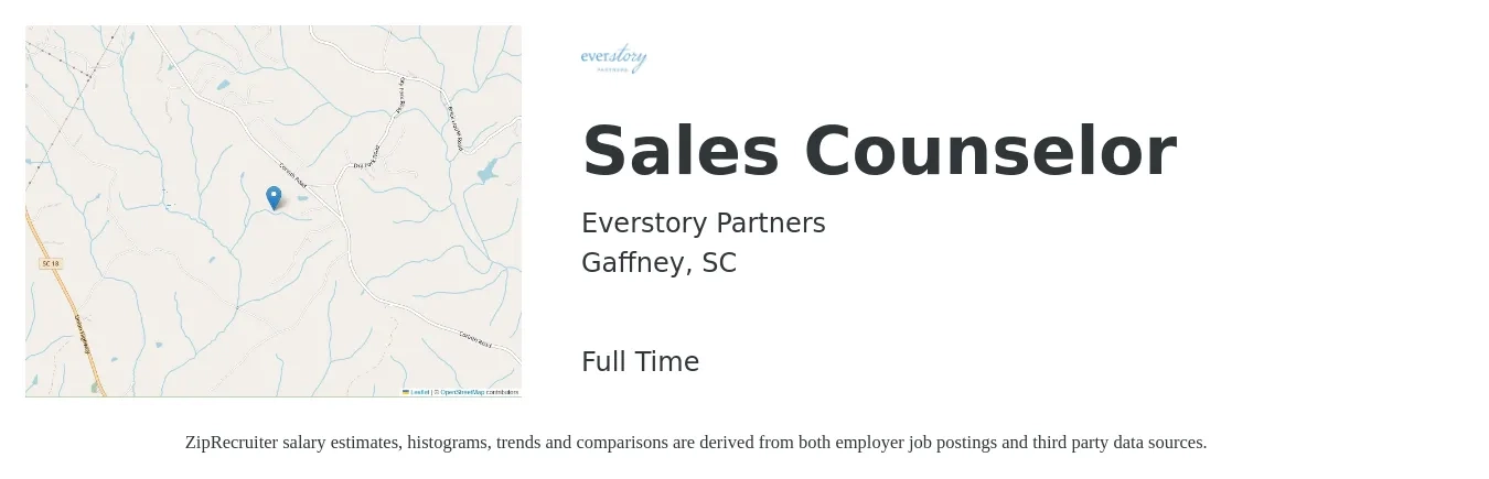 Everstory Partners job posting for a Sales Counselor in Gaffney, SC with a salary of $36,100 to $59,400 Yearly with a map of Gaffney location.