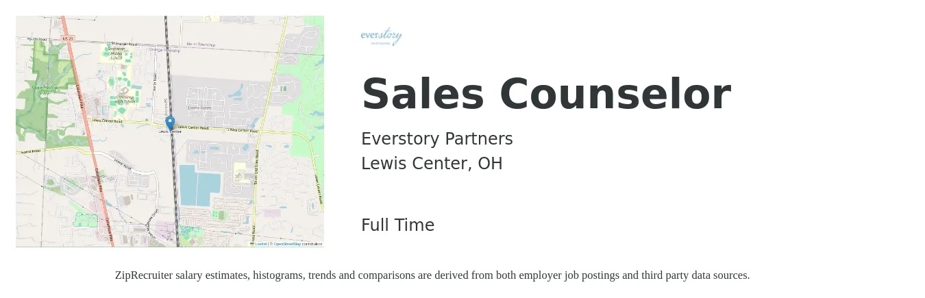 Everstory Partners job posting for a Sales Counselor in Lewis Center, OH with a salary of $37,600 to $61,800 Yearly with a map of Lewis Center location.