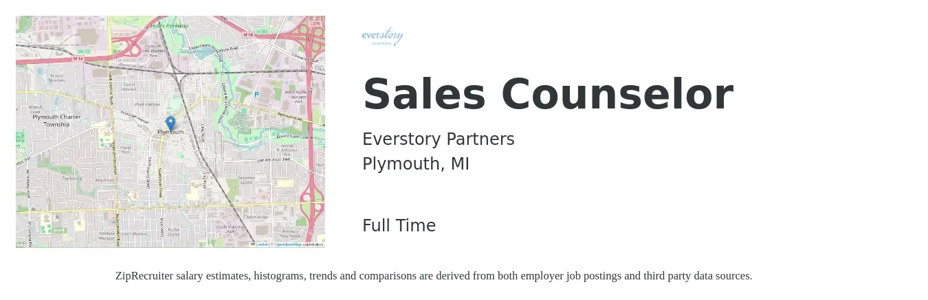 Everstory Partners job posting for a Sales Counselor in Plymouth, MI with a salary of $37,600 to $61,900 Yearly with a map of Plymouth location.