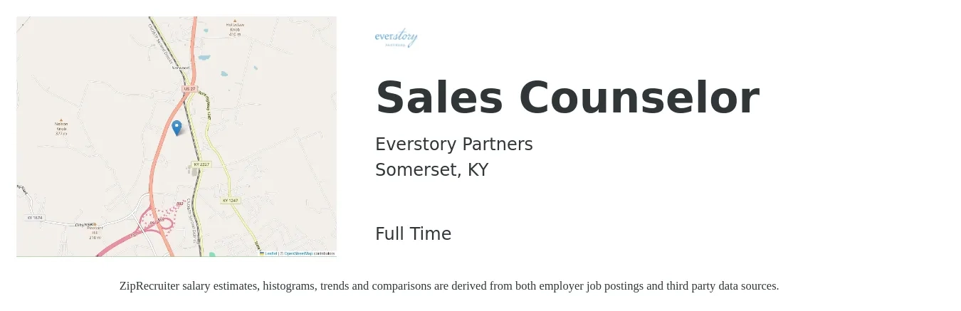 Everstory Partners job posting for a Sales Counselor in Somerset, KY with a salary of $28,900 to $47,600 Yearly with a map of Somerset location.