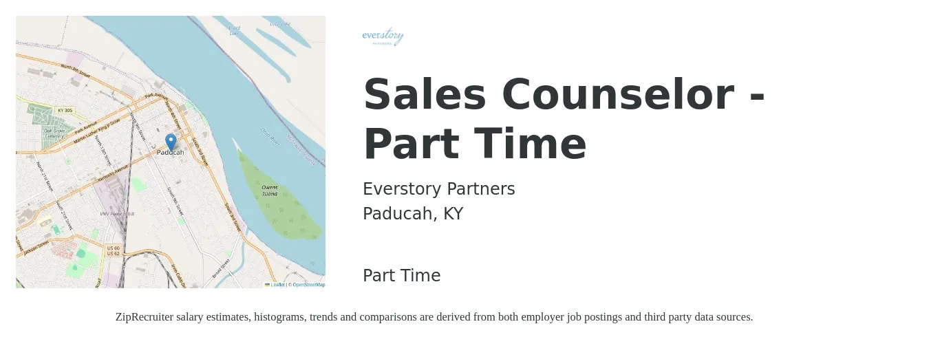 Everstory Partners job posting for a Sales Counselor - Part Time in Paducah, KY with a salary of $31,000 to $51,000 Yearly with a map of Paducah location.