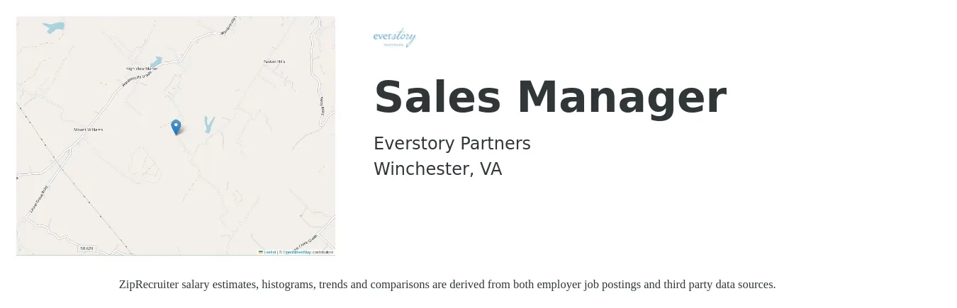 Everstory Partners job posting for a Sales Manager in Winchester, VA with a salary of $41,300 to $88,600 Yearly with a map of Winchester location.