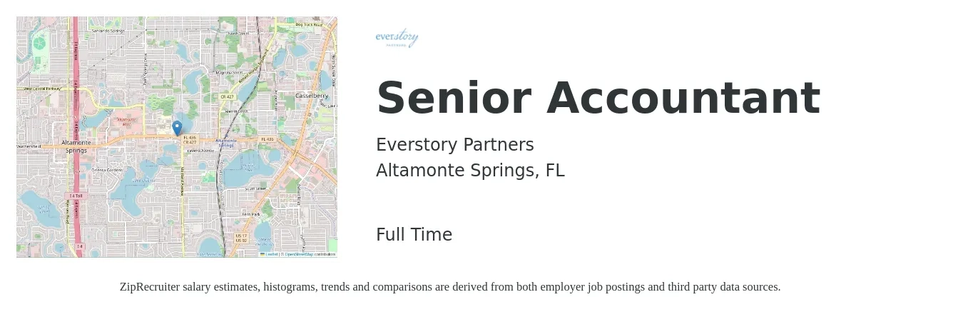 Everstory Partners job posting for a Senior Accountant in Altamonte Springs, FL with a salary of $69,600 to $87,500 Yearly with a map of Altamonte Springs location.