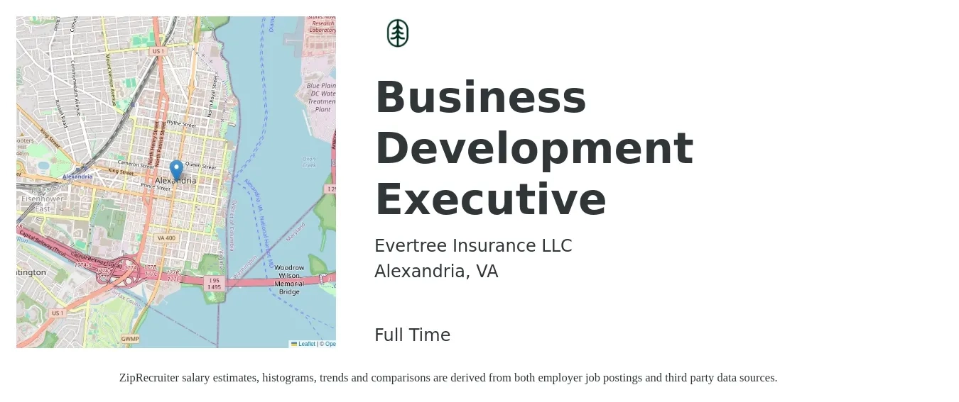 Evertree Insurance LLC job posting for a Business Development Executive in Alexandria, VA with a salary of $61,300 to $97,300 Yearly with a map of Alexandria location.
