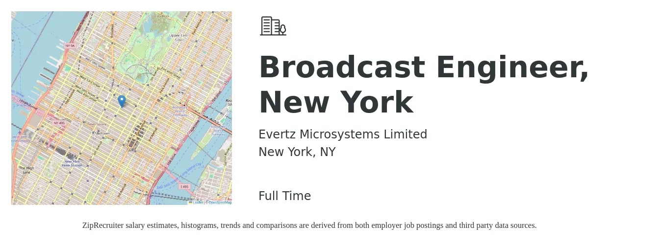 Evertz Microsystems Limited job posting for a Broadcast Engineer, New York in New York, NY with a salary of $70,600 to $123,100 Yearly with a map of New York location.