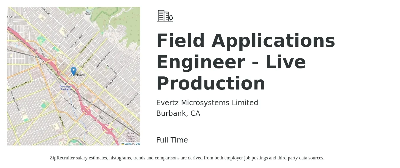 Evertz Microsystems Limited job posting for a Field Applications Engineer - Live Production in Burbank, CA with a salary of $87,200 to $137,500 Yearly with a map of Burbank location.