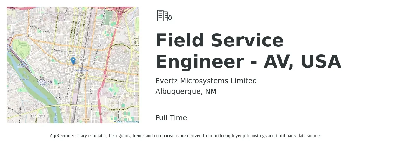 Evertz Microsystems Limited job posting for a Field Service Engineer - AV, USA in Albuquerque, NM with a salary of $55,300 to $81,900 Yearly with a map of Albuquerque location.