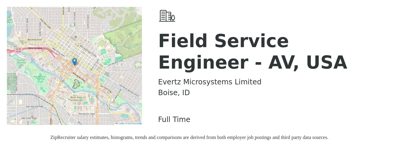 Evertz Microsystems Limited job posting for a Field Service Engineer - AV, USA in Boise, ID with a salary of $54,200 to $80,400 Yearly with a map of Boise location.