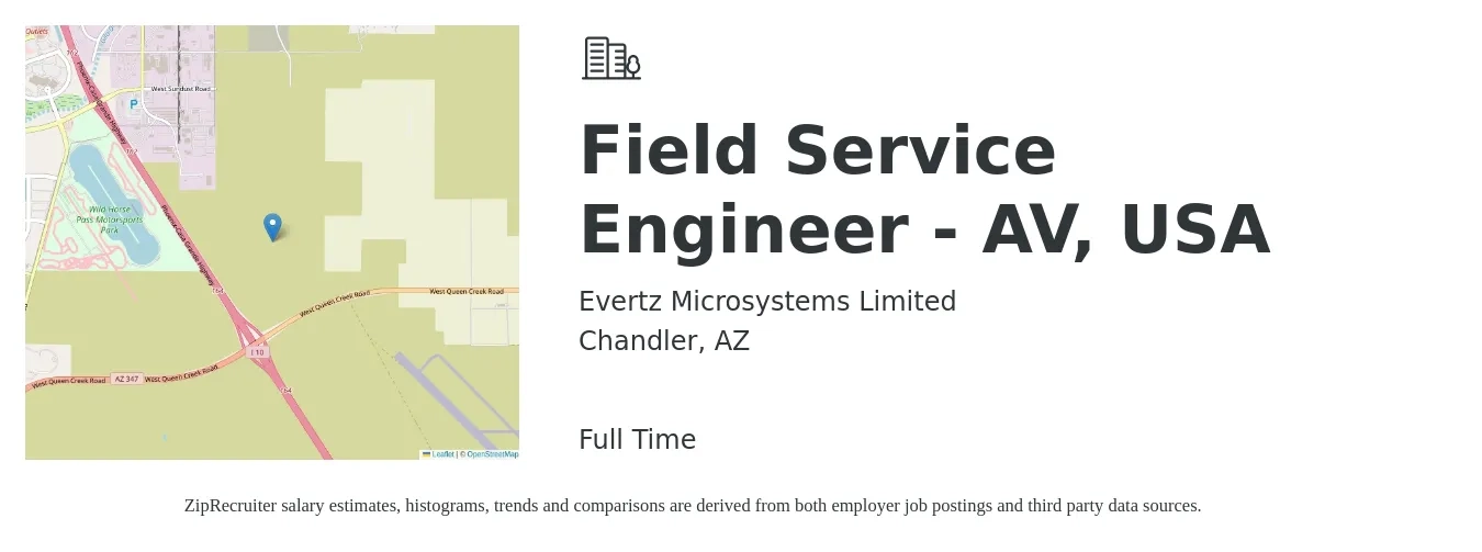 Evertz Microsystems Limited job posting for a Field Service Engineer - AV, USA in Chandler, AZ with a salary of $56,100 to $83,200 Yearly with a map of Chandler location.