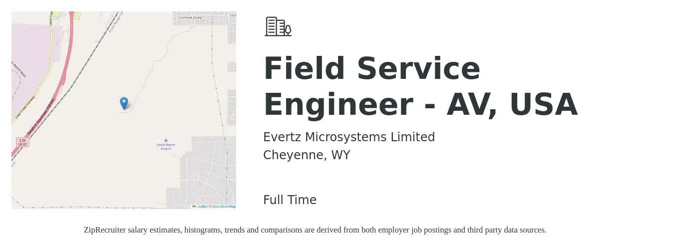 Evertz Microsystems Limited job posting for a Field Service Engineer - AV, USA in Cheyenne, WY with a salary of $54,000 to $80,100 Yearly with a map of Cheyenne location.