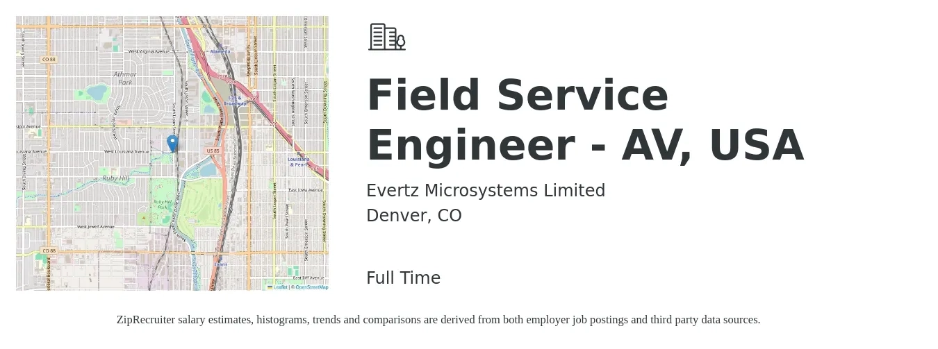 Evertz Microsystems Limited job posting for a Field Service Engineer - AV, USA in Denver, CO with a salary of $58,700 to $87,000 Yearly with a map of Denver location.