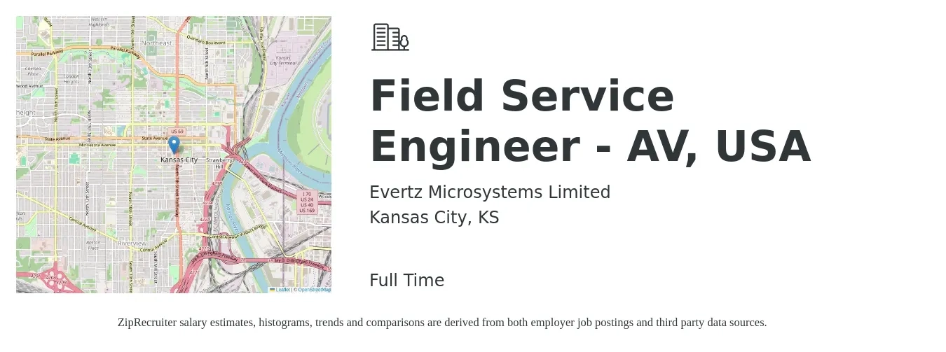 Evertz Microsystems Limited job posting for a Field Service Engineer - AV, USA in Kansas City, KS with a salary of $55,000 to $81,500 Yearly with a map of Kansas City location.