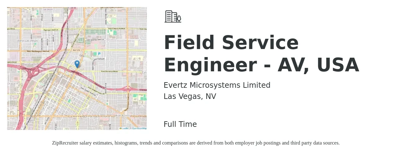Evertz Microsystems Limited job posting for a Field Service Engineer - AV, USA in Las Vegas, NV with a salary of $54,400 to $80,700 Yearly with a map of Las Vegas location.