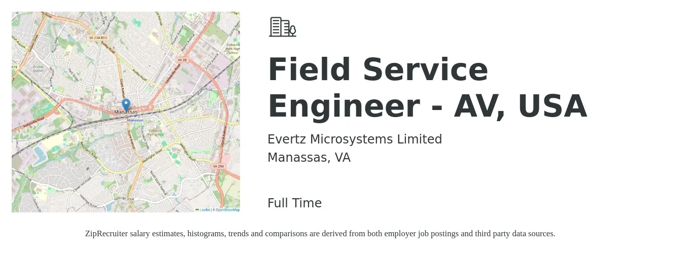 Evertz Microsystems Limited job posting for a Field Service Engineer - AV, USA in Manassas, VA with a salary of $57,000 to $84,500 Yearly with a map of Manassas location.