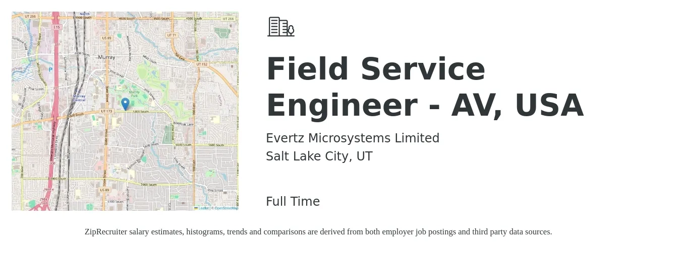 Evertz Microsystems Limited job posting for a Field Service Engineer - AV, USA in Salt Lake City, UT with a salary of $55,200 to $81,800 Yearly with a map of Salt Lake City location.