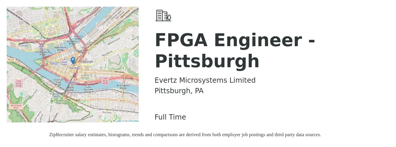 Evertz Microsystems Limited job posting for a FPGA Engineer - Pittsburgh in Pittsburgh, PA with a salary of $126,200 to $162,100 Yearly with a map of Pittsburgh location.