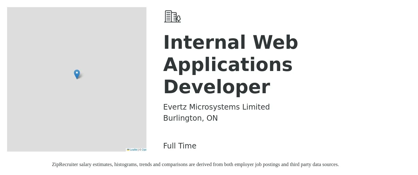 Evertz Microsystems Limited job posting for a Internal Web Applications Developer in Burlington, ON with a map of Burlington location.