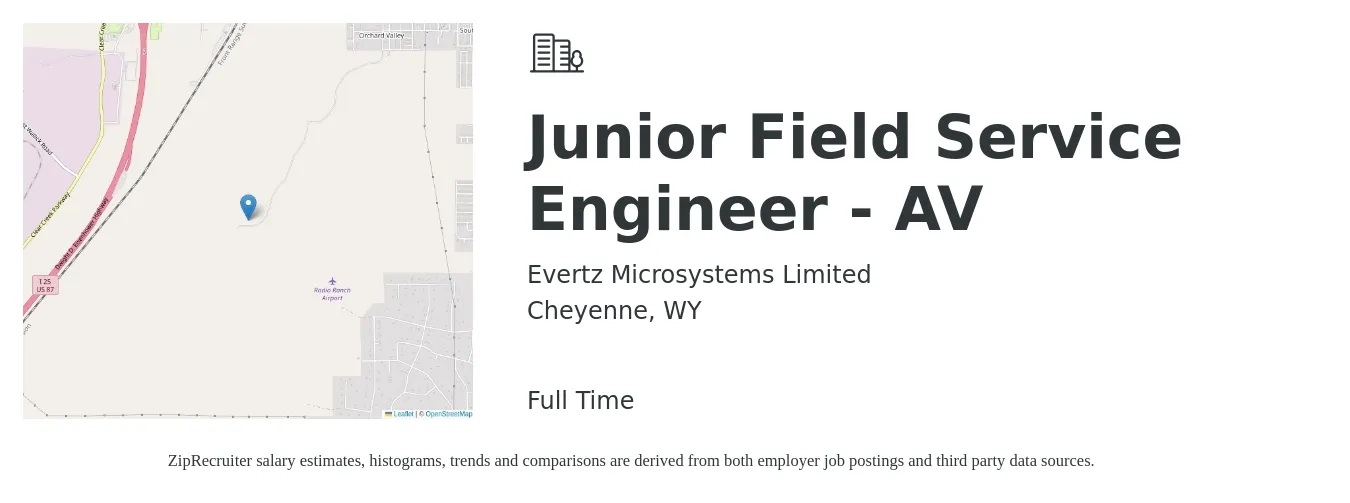 Evertz Microsystems Limited job posting for a Junior Field Service Engineer - AV in Cheyenne, WY with a salary of $46,000 to $75,800 Yearly with a map of Cheyenne location.