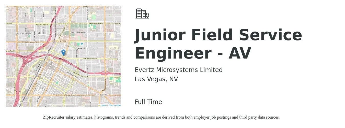 Evertz Microsystems Limited job posting for a Junior Field Service Engineer - AV in Las Vegas, NV with a salary of $46,300 to $76,400 Yearly with a map of Las Vegas location.