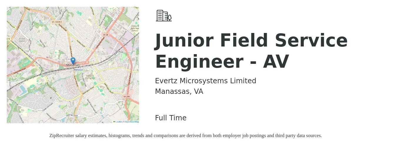 Evertz Microsystems Limited job posting for a Junior Field Service Engineer - AV in Manassas, VA with a salary of $48,500 to $80,000 Yearly with a map of Manassas location.