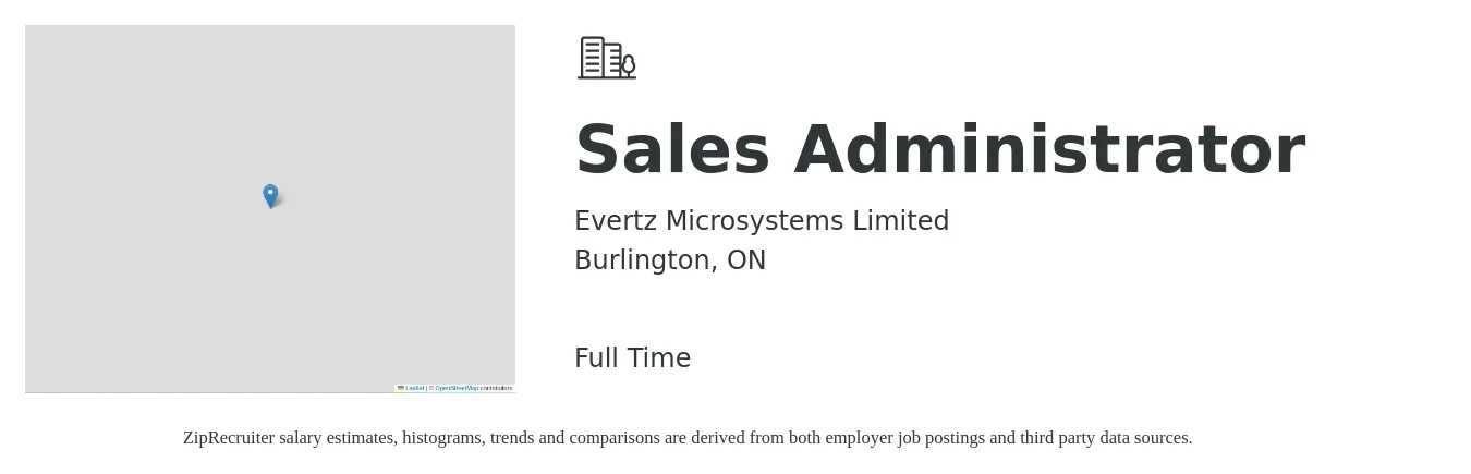 Evertz Microsystems Limited job posting for a Sales Administrator in Burlington, ON with a map of Burlington location.