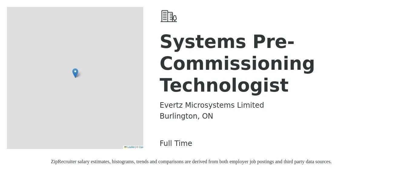 Evertz Microsystems Limited job posting for a Systems Pre-Commissioning Technologist in Burlington, ON with a map of Burlington location.