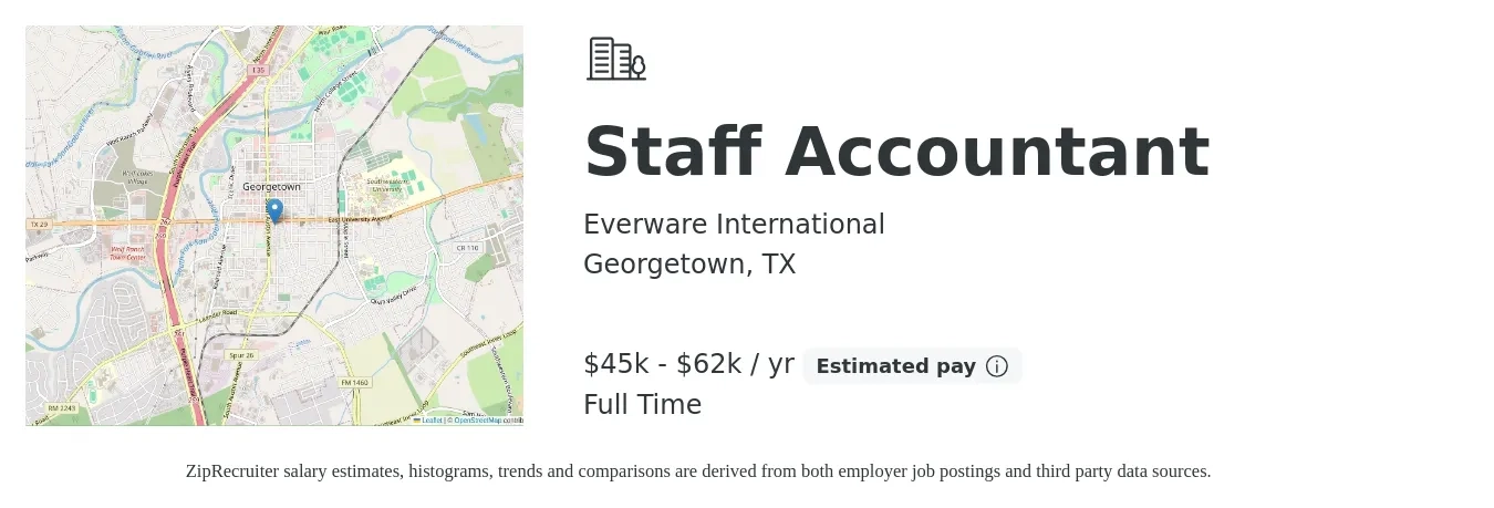 Everware International job posting for a Staff Accountant in Georgetown, TX with a salary of $45,000 to $62,500 Yearly with a map of Georgetown location.