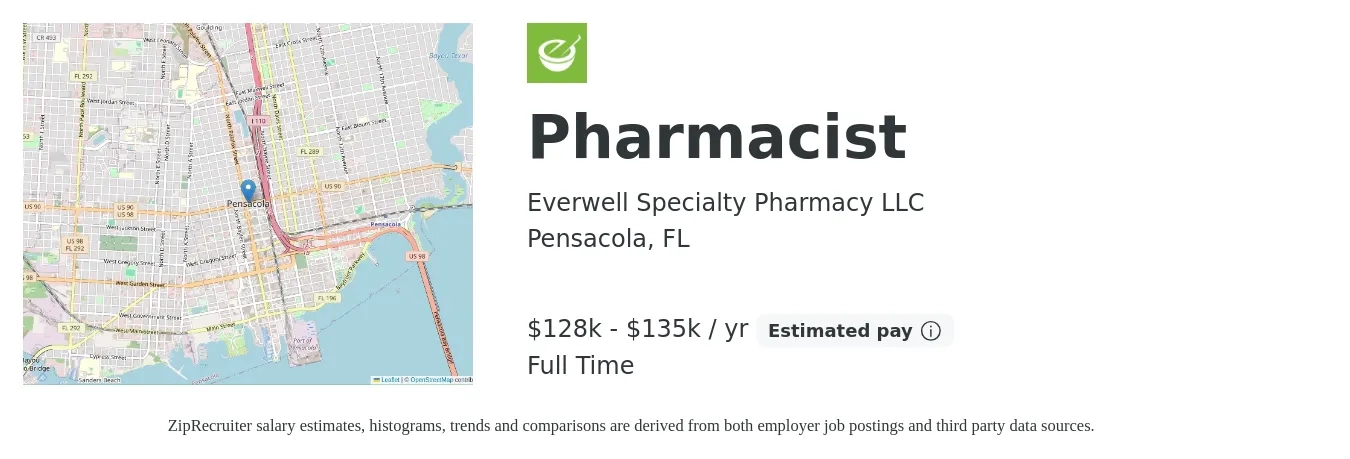 Everwell Specialty Pharmacy LLC job posting for a Pharmacist in Pensacola, FL with a salary of $128,000 to $135,000 Yearly with a map of Pensacola location.