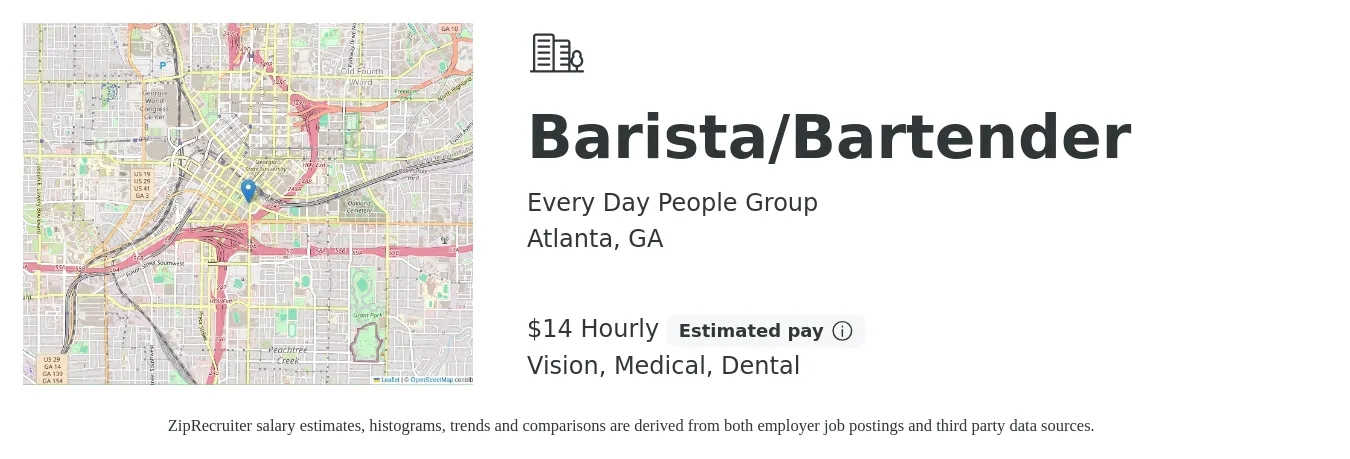 Every Day People Group job posting for a Barista/Bartender in Atlanta, GA with a salary of $15 Hourly and benefits including dental, medical, retirement, and vision with a map of Atlanta location.